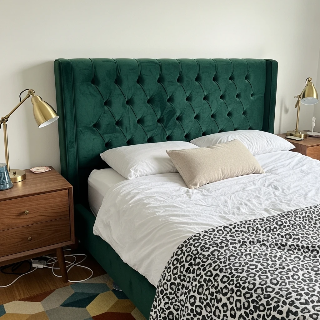 Tufted Velvet Headboard - 50 Budget-Friendly Mid Century Modern Apartment Decor Ideas