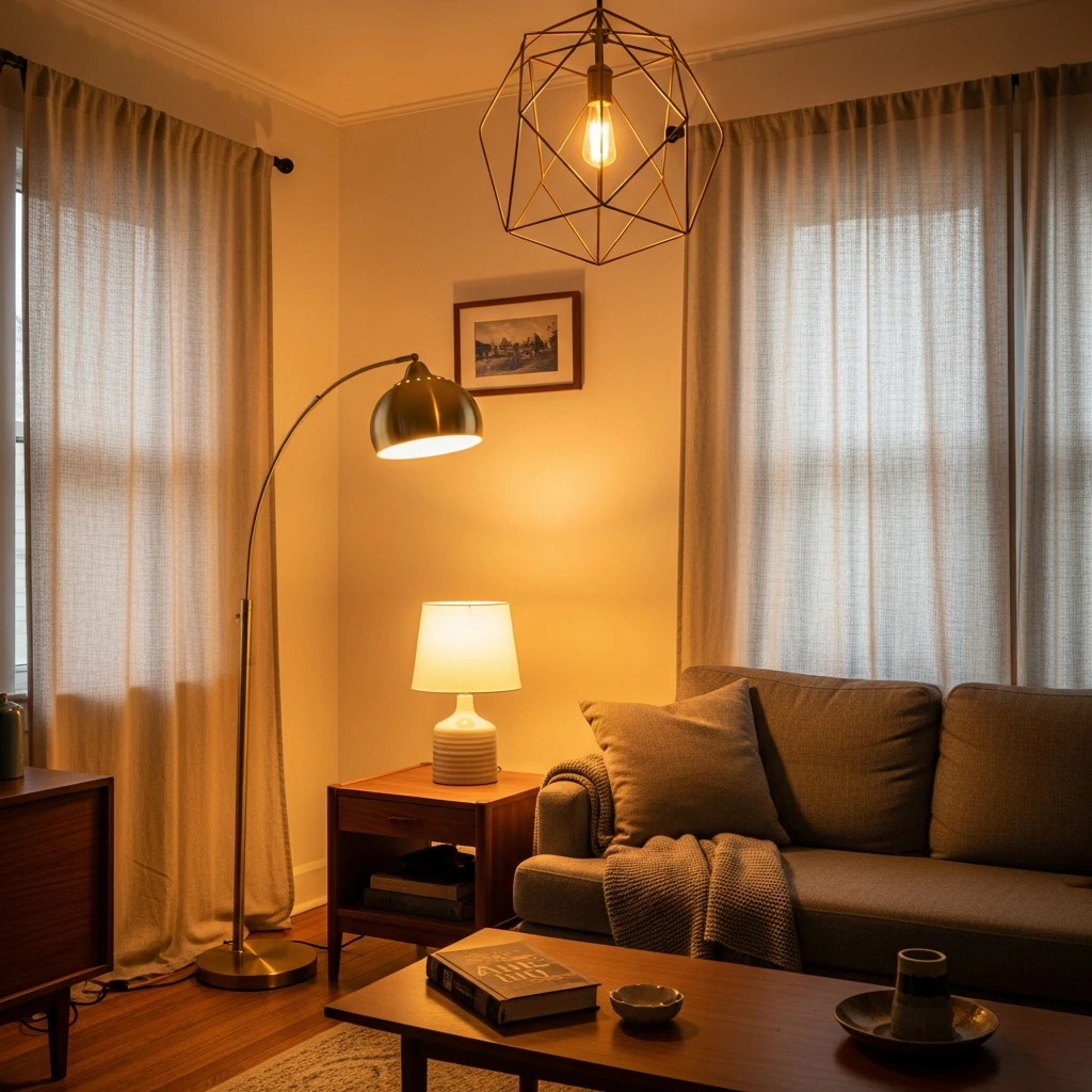 Layered Lighting Setup - 50 Budget-Friendly Mid Century Modern Apartment Decor Ideas