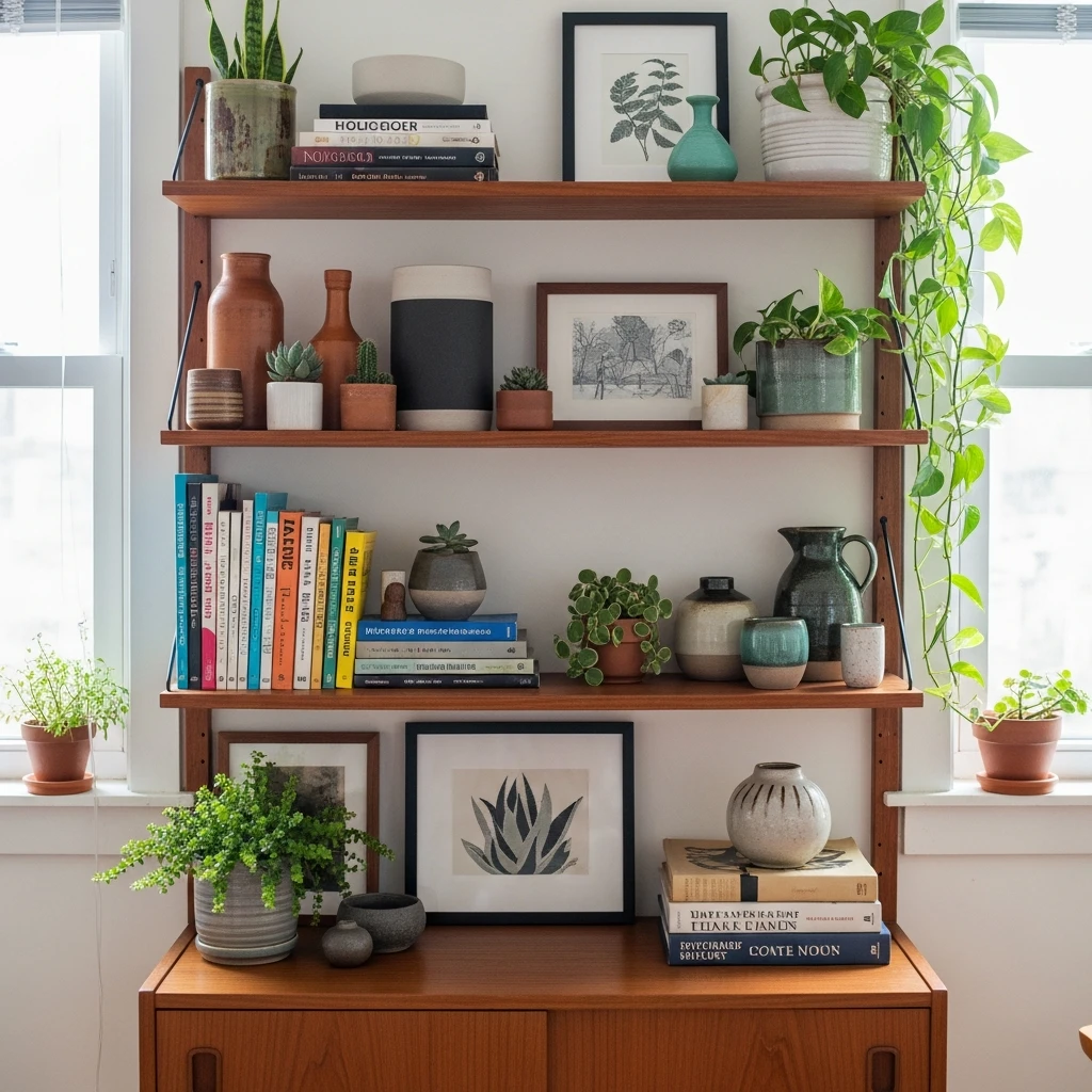 Styled Open Shelving - 50 Budget-Friendly Mid Century Modern Apartment Decor Ideas