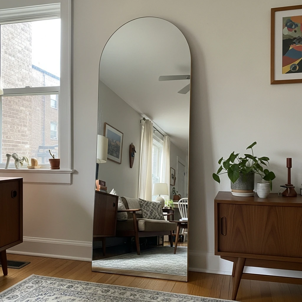 Arched Floor Mirror - 50 Budget-Friendly Mid Century Modern Apartment Decor Ideas