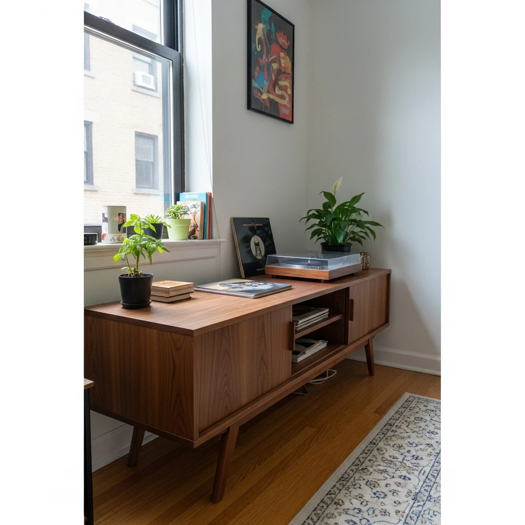 Low Profile Media Console - 50 Budget-Friendly Mid Century Modern Apartment Decor Ideas