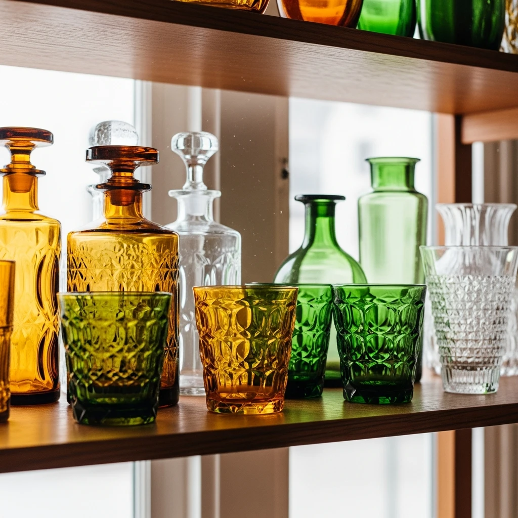Retro Glassware Display - 50 Budget-Friendly Mid Century Modern Apartment Decor Ideas
