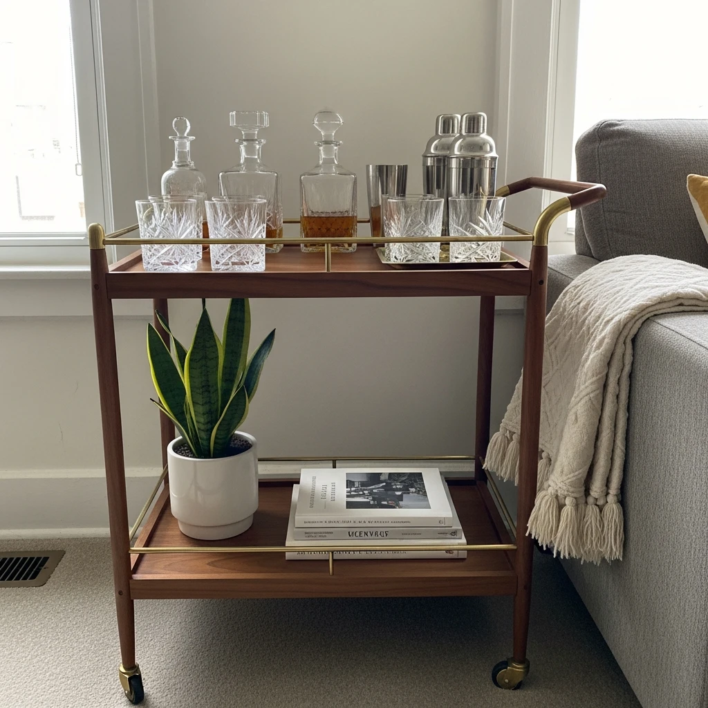 Retro Bar Cart - 50 Budget-Friendly Mid Century Modern Apartment Decor Ideas