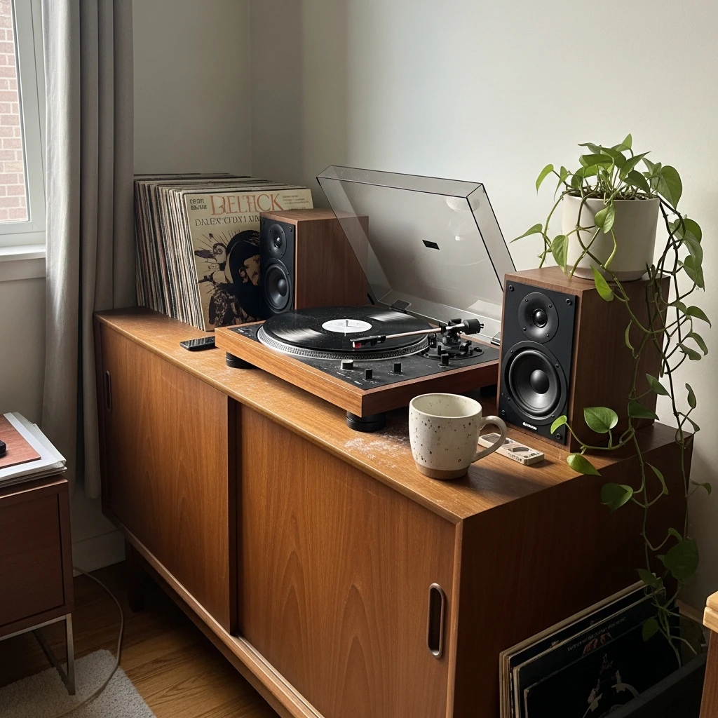 Record Player Station - 50 Budget-Friendly Mid Century Modern Apartment Decor Ideas