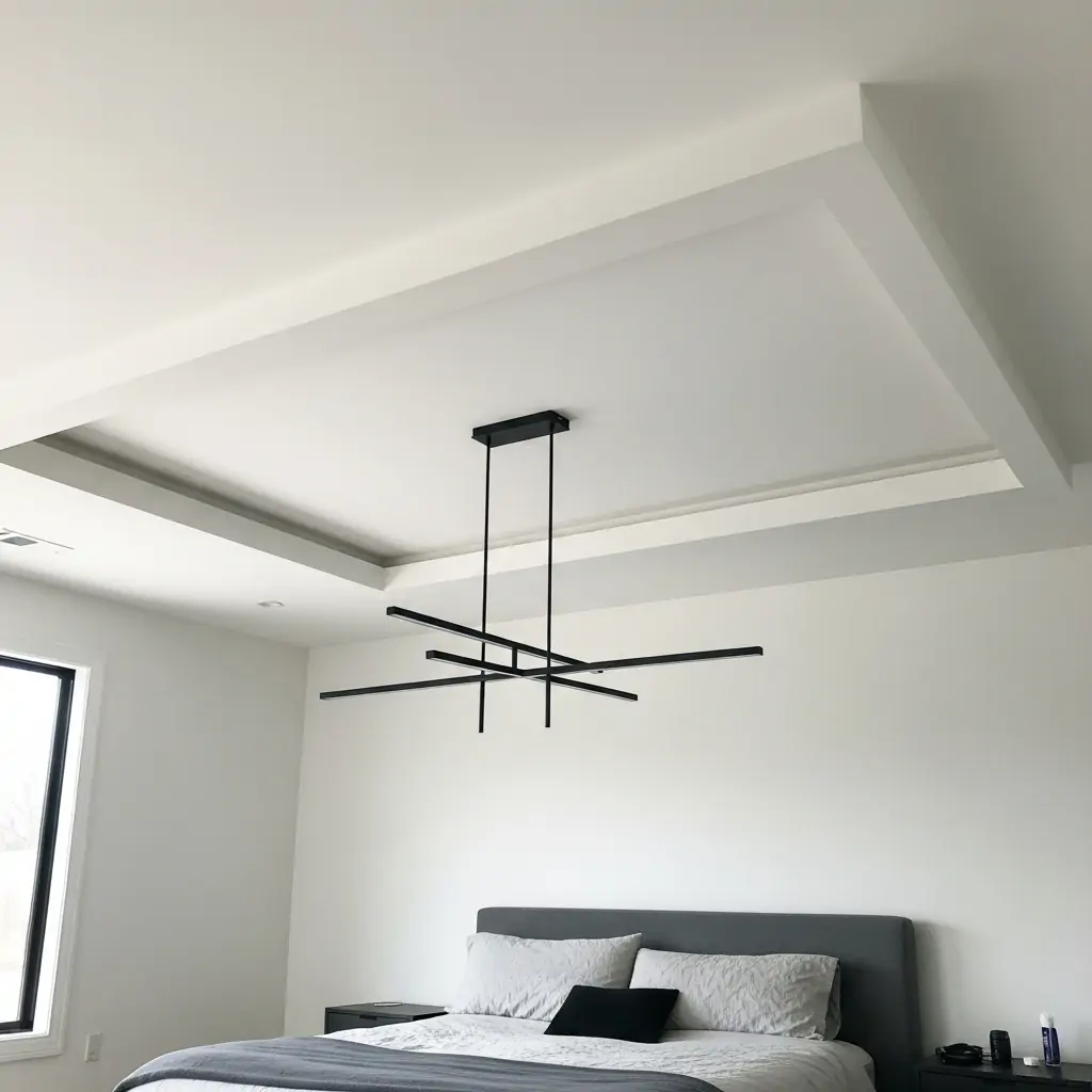 Linear Chandelier + Framed Recess Ceiling - 40 Modern Bedroom Ceiling Ideas That Will Make Your Room Look Like a Luxury Hotel