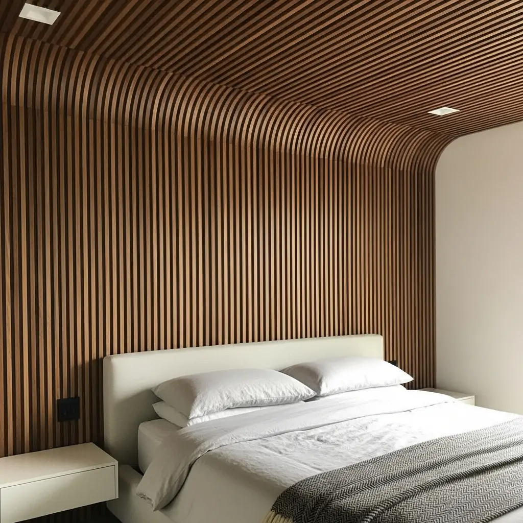 The Seamless Slat Effect: Wall-to-Ceiling Wood Panel Flow - 40 Modern Bedroom Ceiling Ideas That Will Make Your Room Look Like a Luxury Hotel