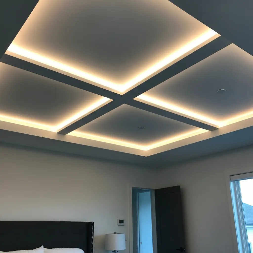 Geometric LED Cross-Beam Ceiling - 40 Modern Bedroom Ceiling Ideas That Will Make Your Room Look Like a Luxury Hotel