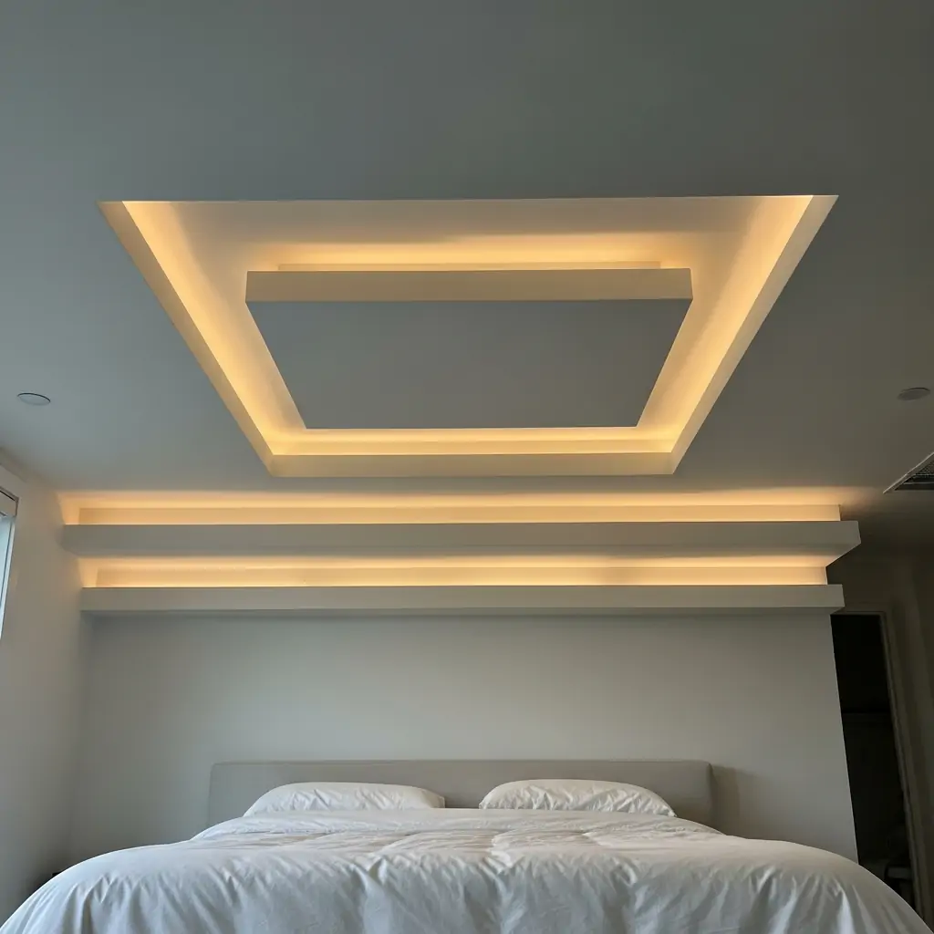 Layered Floating Shelf-Inspired Ceiling - 40 Modern Bedroom Ceiling Ideas That Will Make Your Room Look Like a Luxury Hotel