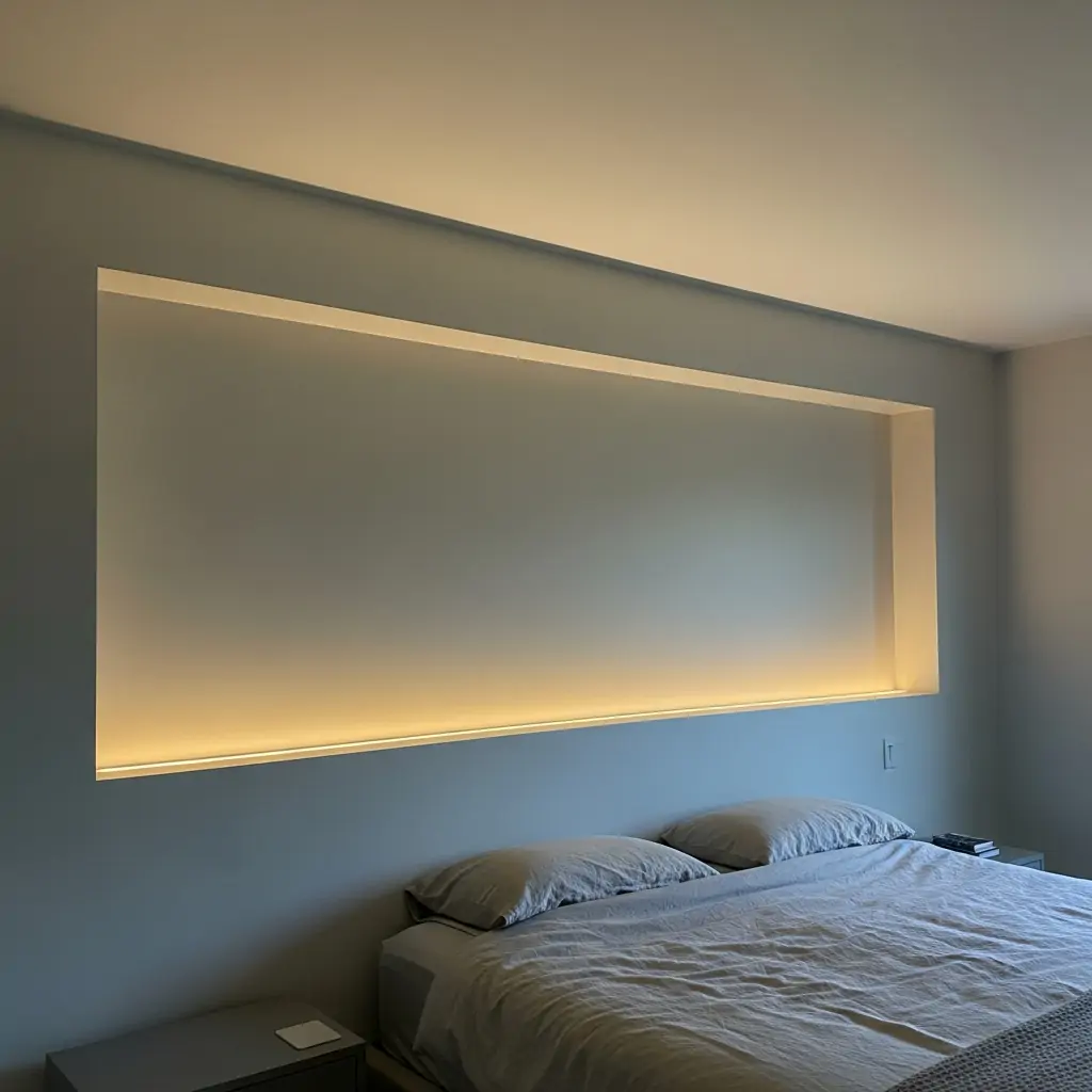 Seamless LED Canopy: Wall-to-Ceiling Lighting Drama - 40 Modern Bedroom Ceiling Ideas That Will Make Your Room Look Like a Luxury Hotel