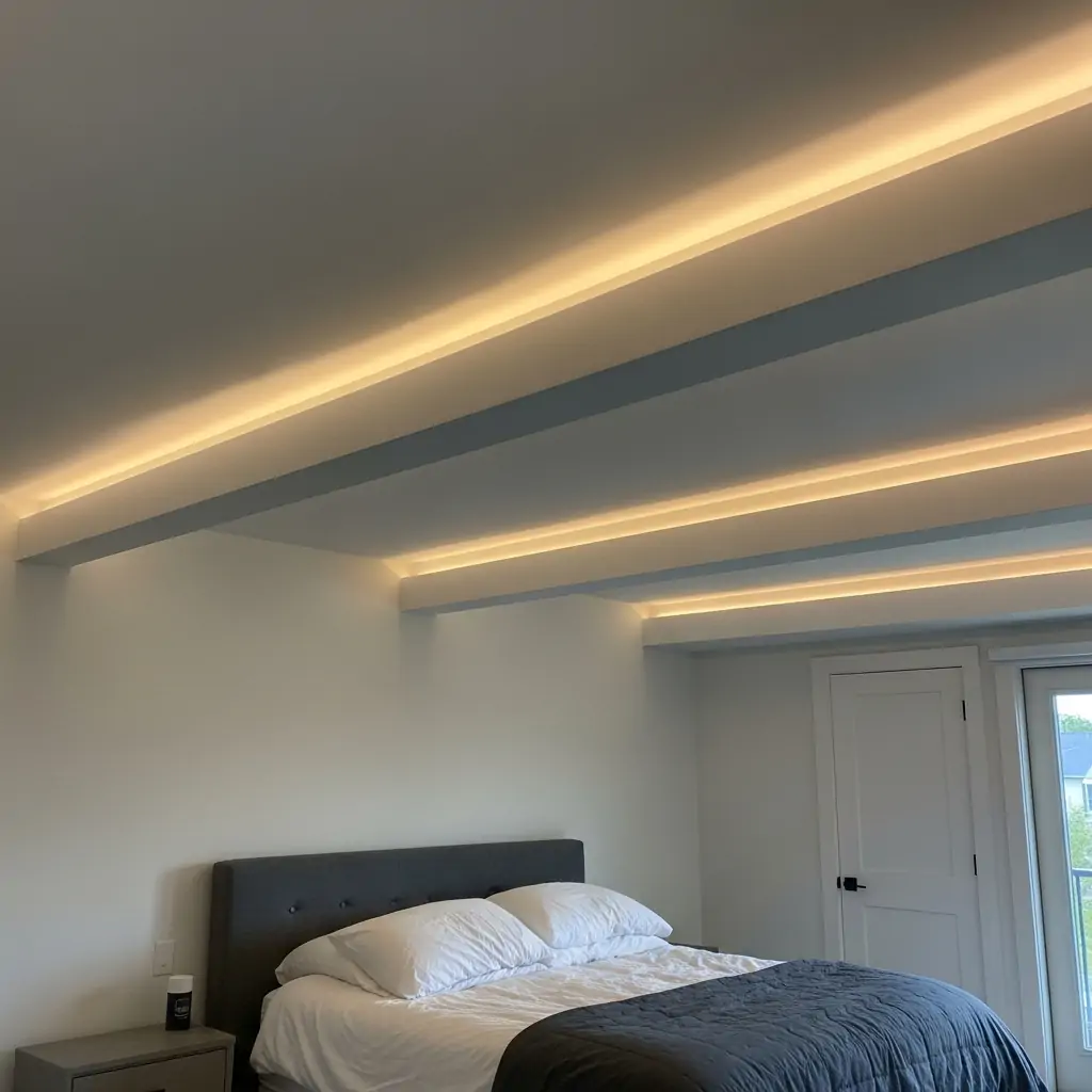 Minimal Beam + LED Glow Combination - 40 Modern Bedroom Ceiling Ideas That Will Make Your Room Look Like a Luxury Hotel
