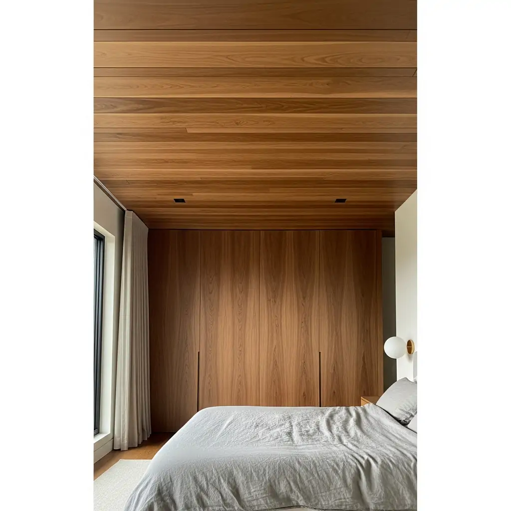 Light Walnut Ceiling Paneling - 40 Modern Bedroom Ceiling Ideas That Will Make Your Room Look Like a Luxury Hotel