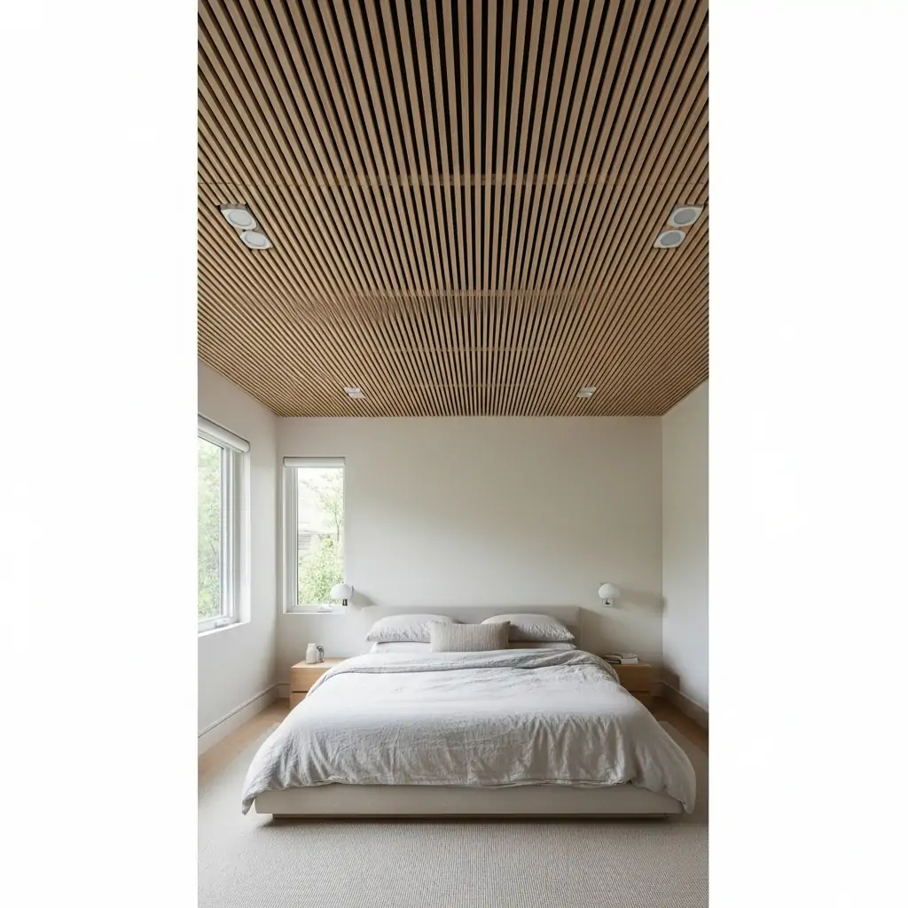 Japandi Wood Slat Ceiling - 40 Modern Bedroom Ceiling Ideas That Will Make Your Room Look Like a Luxury Hotel