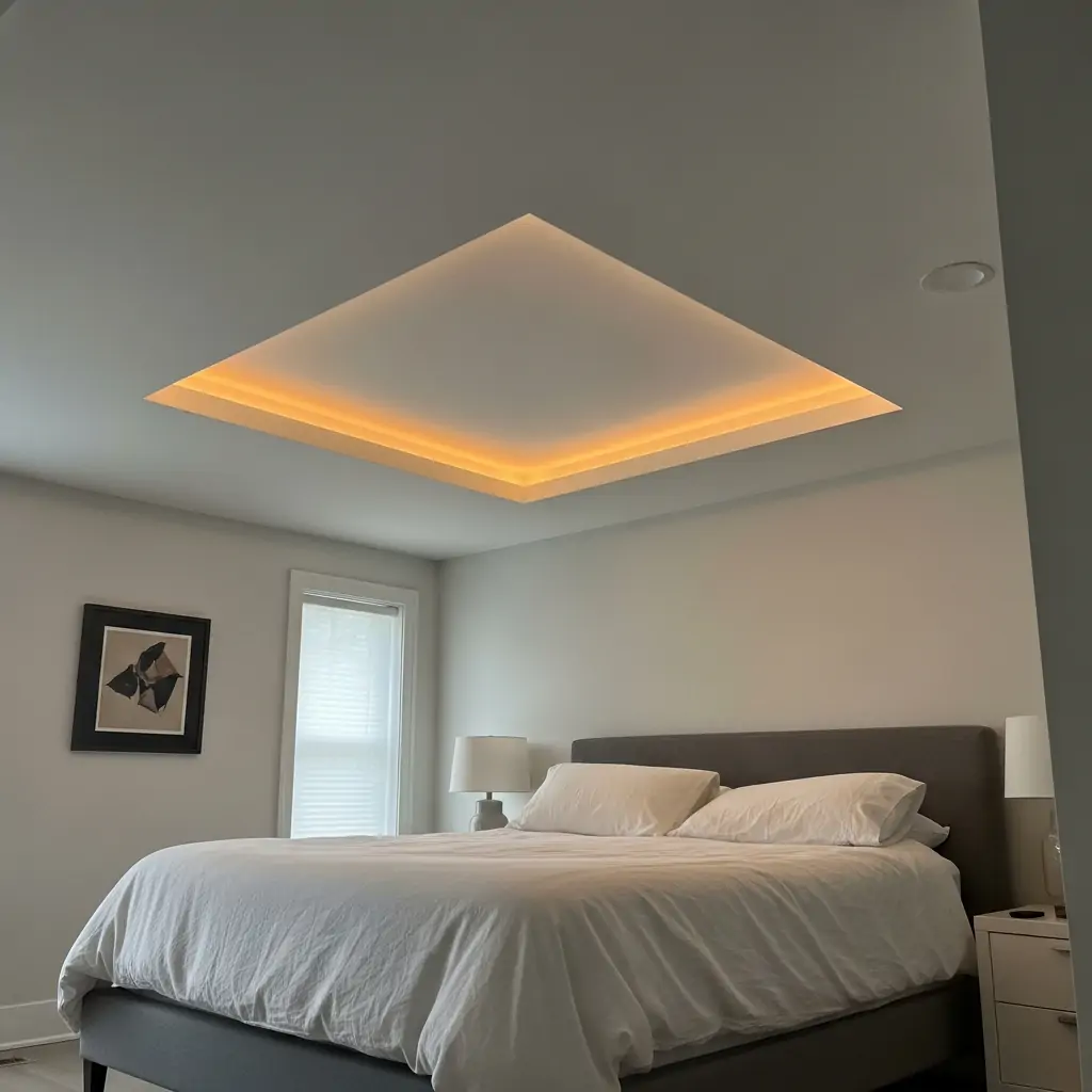 Bed-Halo Lighting Recess - 40 Modern Bedroom Ceiling Ideas That Will Make Your Room Look Like a Luxury Hotel
