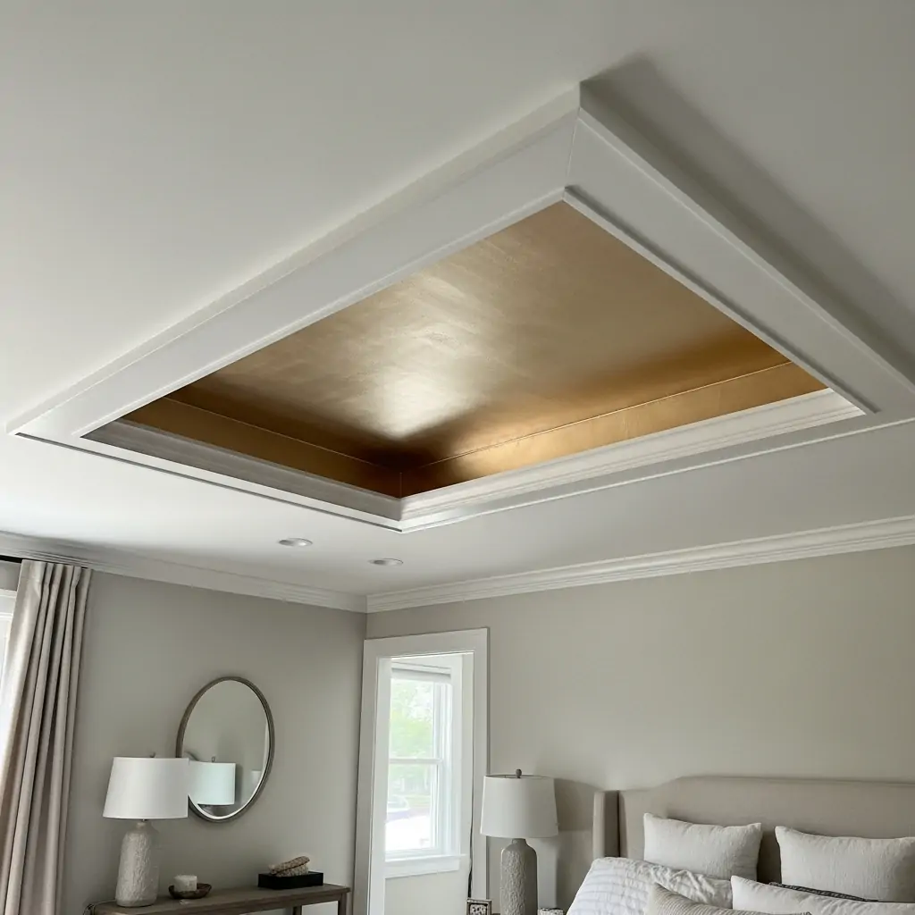 Champagne or Gold Metallic Accent Ceiling - 40 Modern Bedroom Ceiling Ideas That Will Make Your Room Look Like a Luxury Hotel