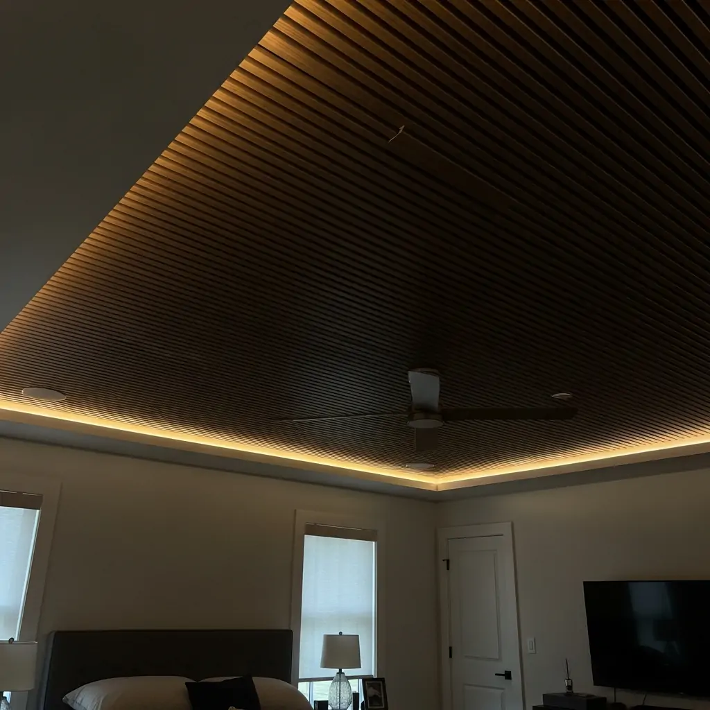 Walnut Slat Ceiling With Glow Lighting - 40 Modern Bedroom Ceiling Ideas That Will Make Your Room Look Like a Luxury Hotel
