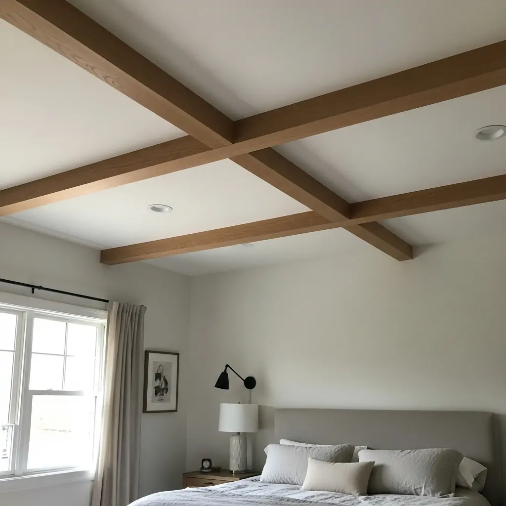 Warm Oak Beam Accent Ceiling - 40 Modern Bedroom Ceiling Ideas That Will Make Your Room Look Like a Luxury Hotel