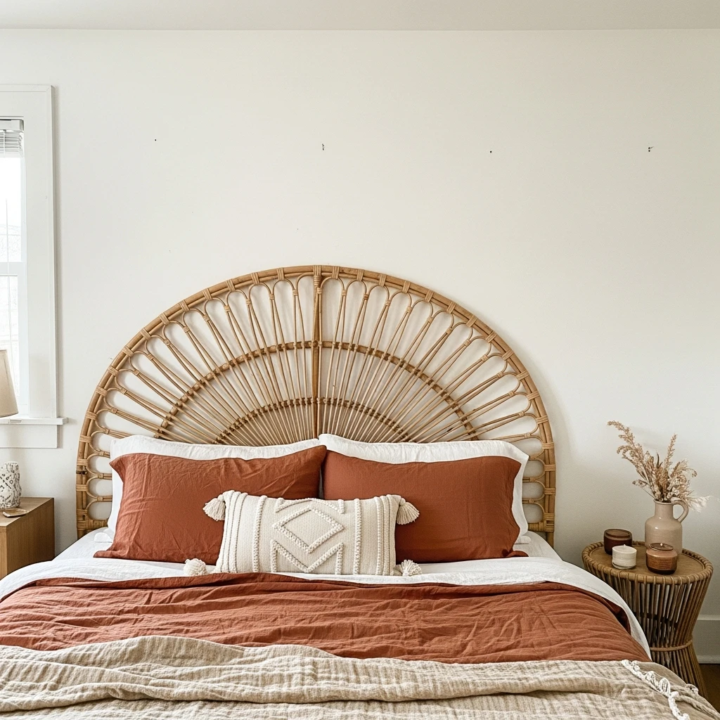 Rattan Headboard Statement - 50 Beautiful Modern Boho Bedroom Ideas for a Cozy Update