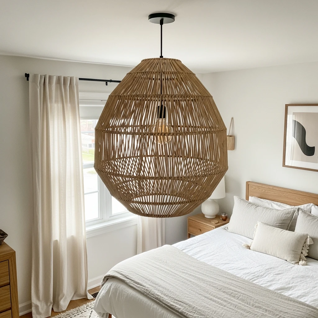 Woven Pendant Lighting - 50 Beautiful Modern Boho Bedroom Ideas for a Cozy Update