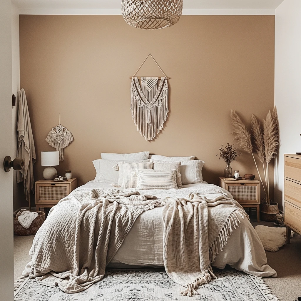 Warm Beige Accent Wall - 50 Beautiful Modern Boho Bedroom Ideas for a Cozy Update