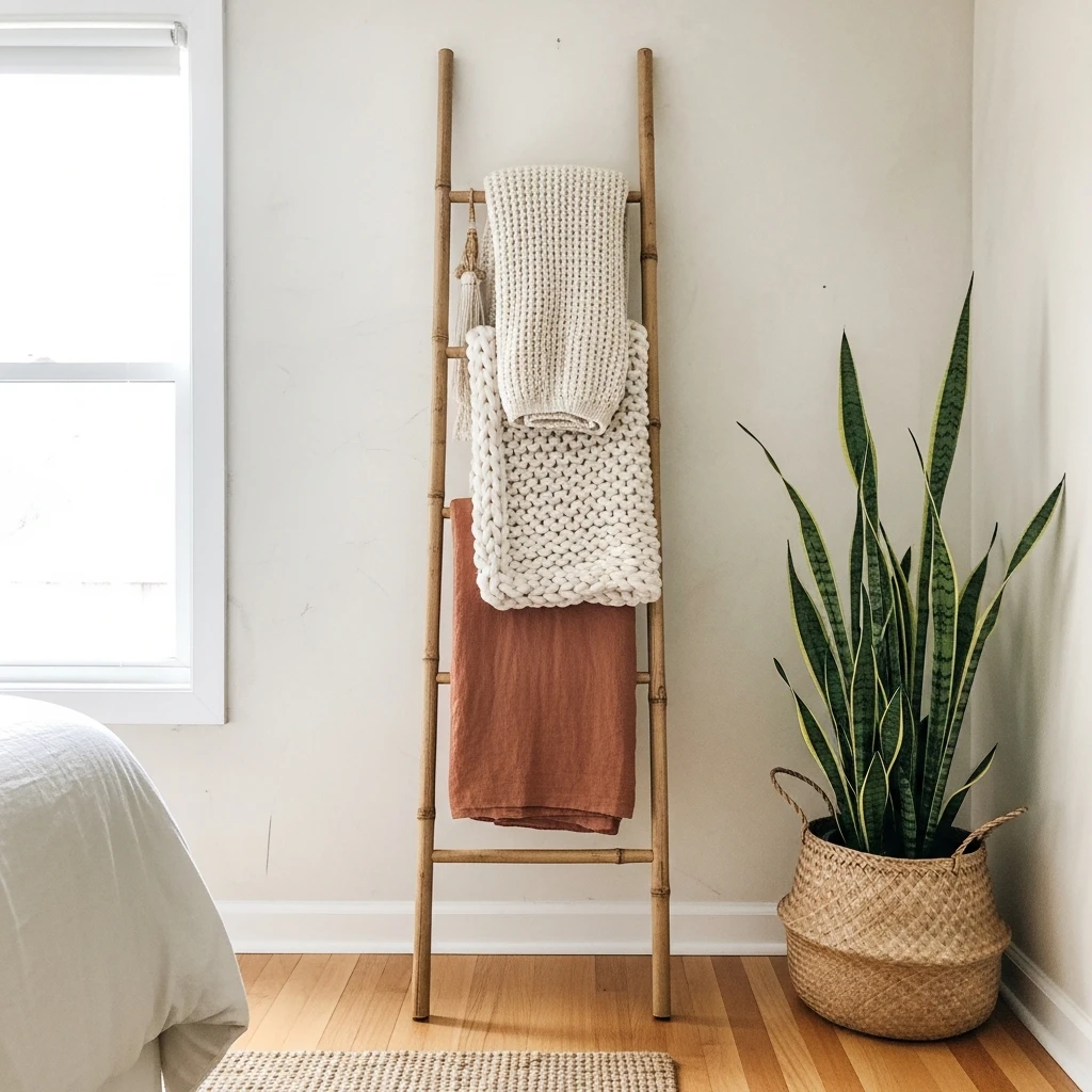 Decorative Bamboo Ladder - 50 Beautiful Modern Boho Bedroom Ideas for a Cozy Update