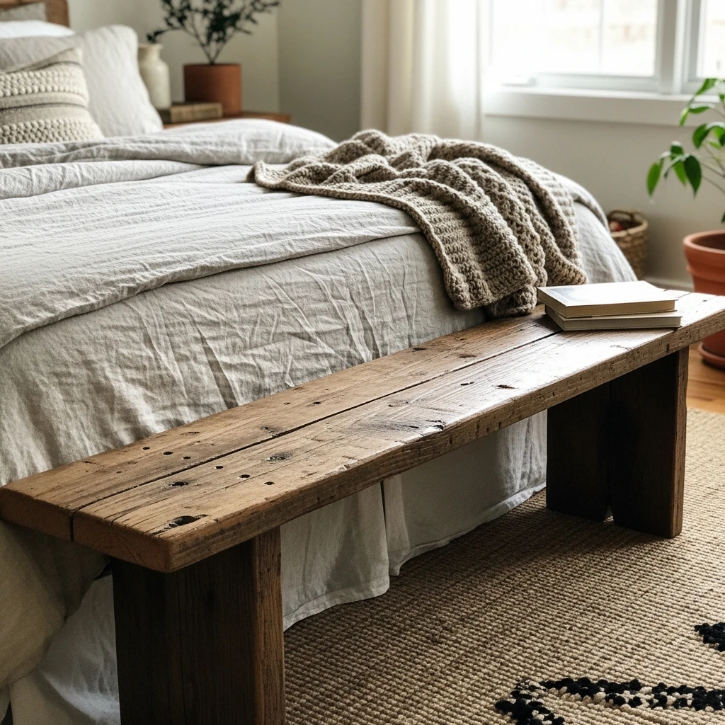 Rustic Bench - 50 Beautiful Modern Boho Bedroom Ideas for a Cozy Update