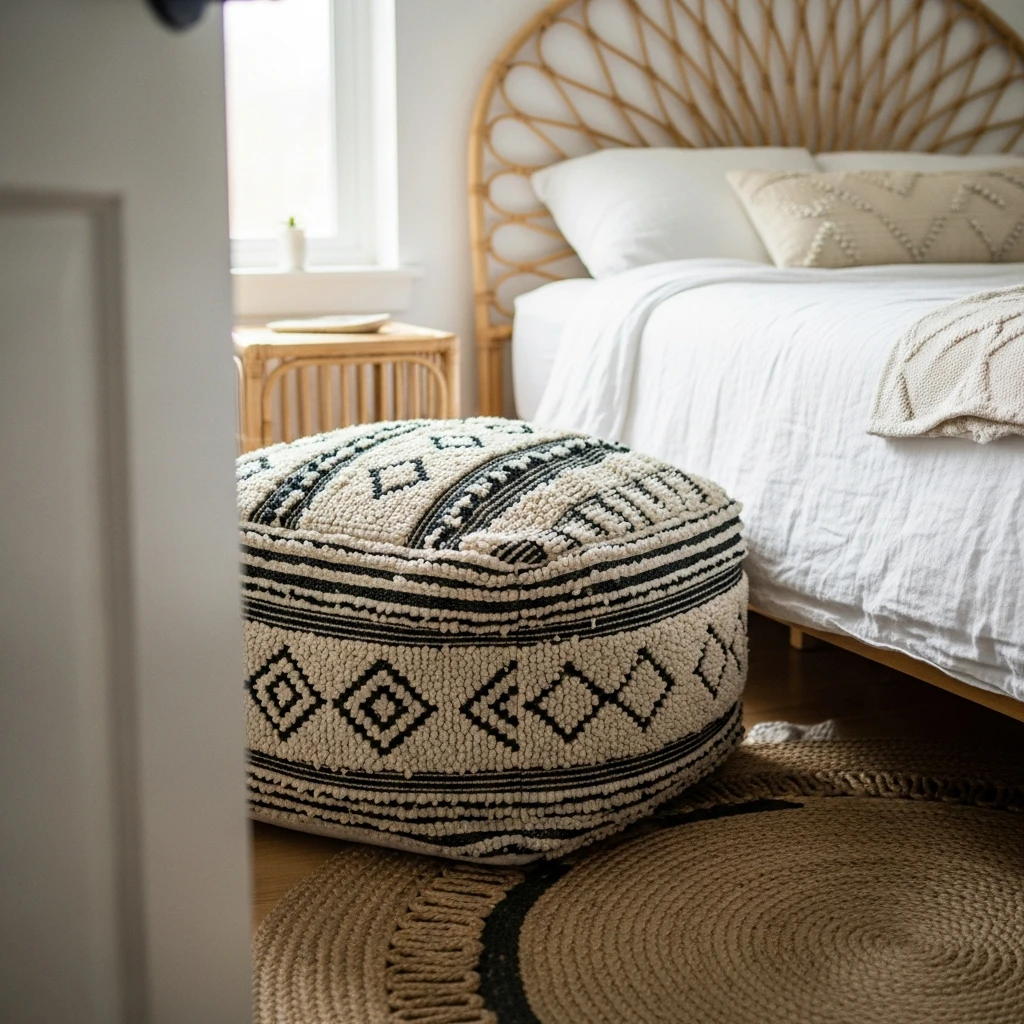 Patterned Pouf Seating - 50 Beautiful Modern Boho Bedroom Ideas for a Cozy Update