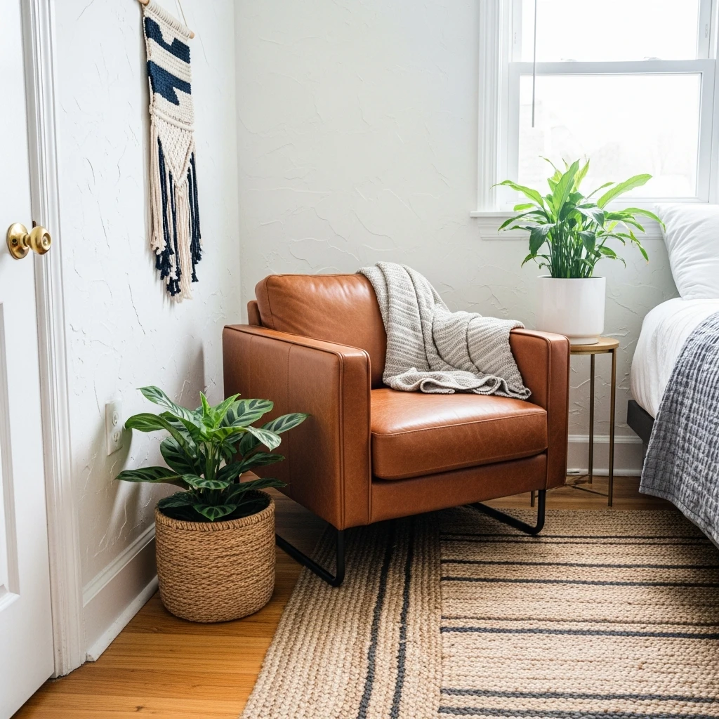 Leather Accent Chair - 50 Beautiful Modern Boho Bedroom Ideas for a Cozy Update