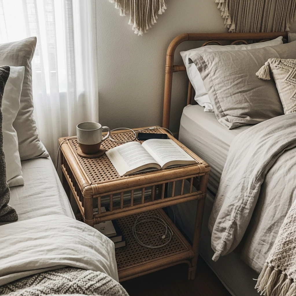 Light Rattan Side Tables - 50 Beautiful Modern Boho Bedroom Ideas for a Cozy Update