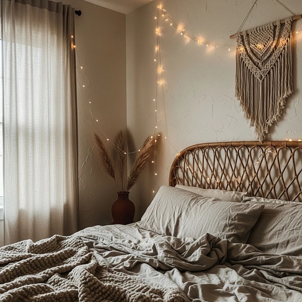 Cozy Fairy String Lights - 50 Beautiful Modern Boho Bedroom Ideas for a Cozy Update