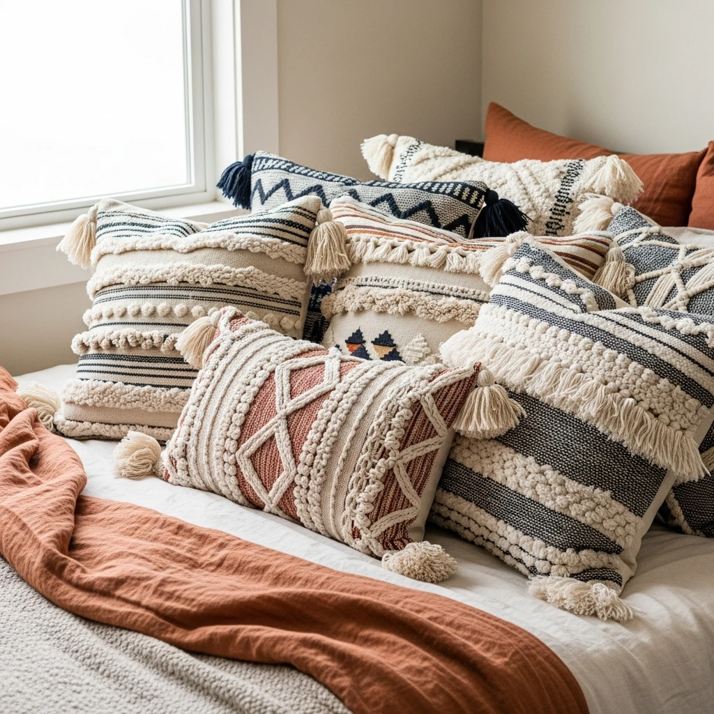 Mismatched Throw Pillows - 50 Beautiful Modern Boho Bedroom Ideas for a Cozy Update