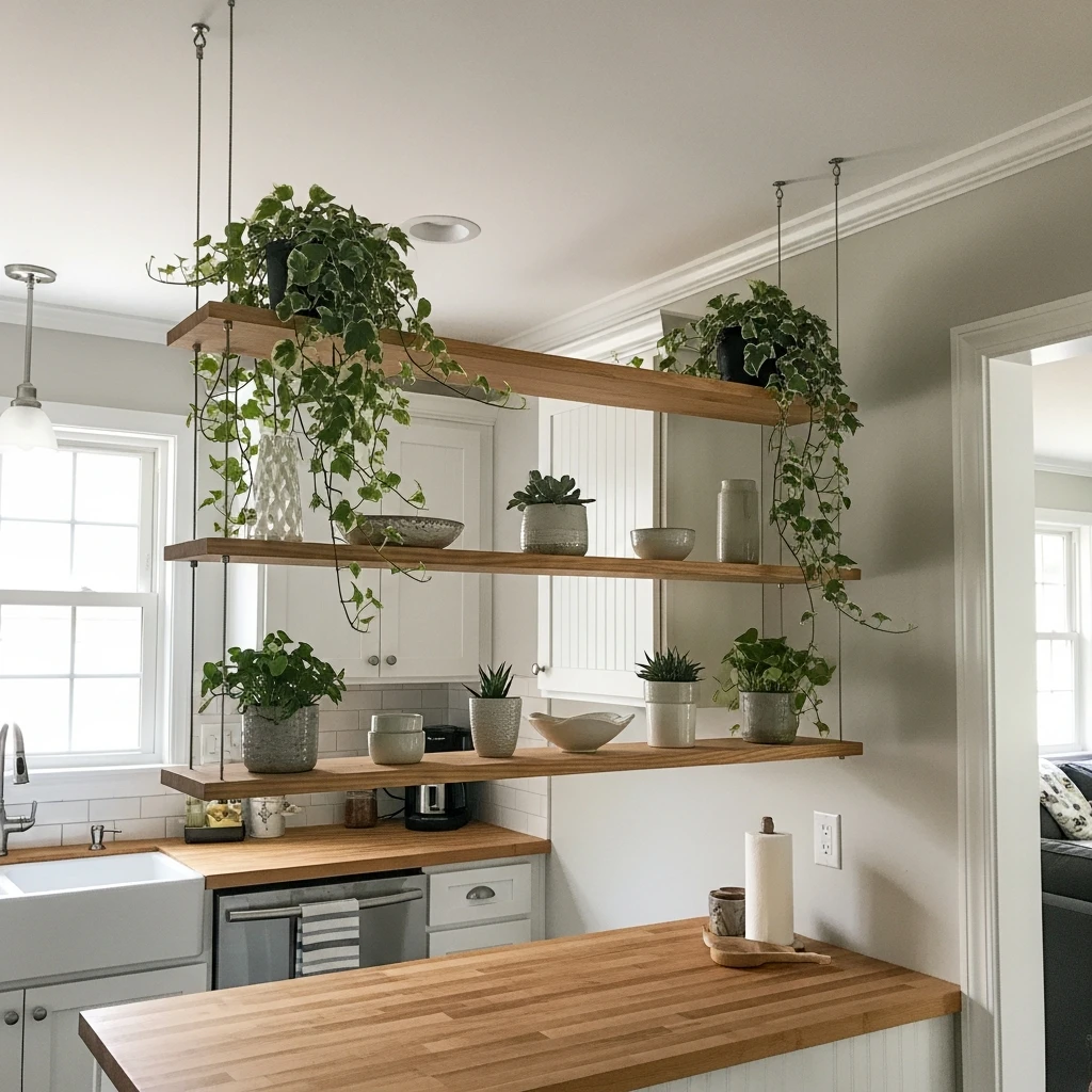 Ceiling-Hung Display Shelves - 50 Beautiful & Simple Open Kitchen Partition Ideas (No Major Reno Needed!)