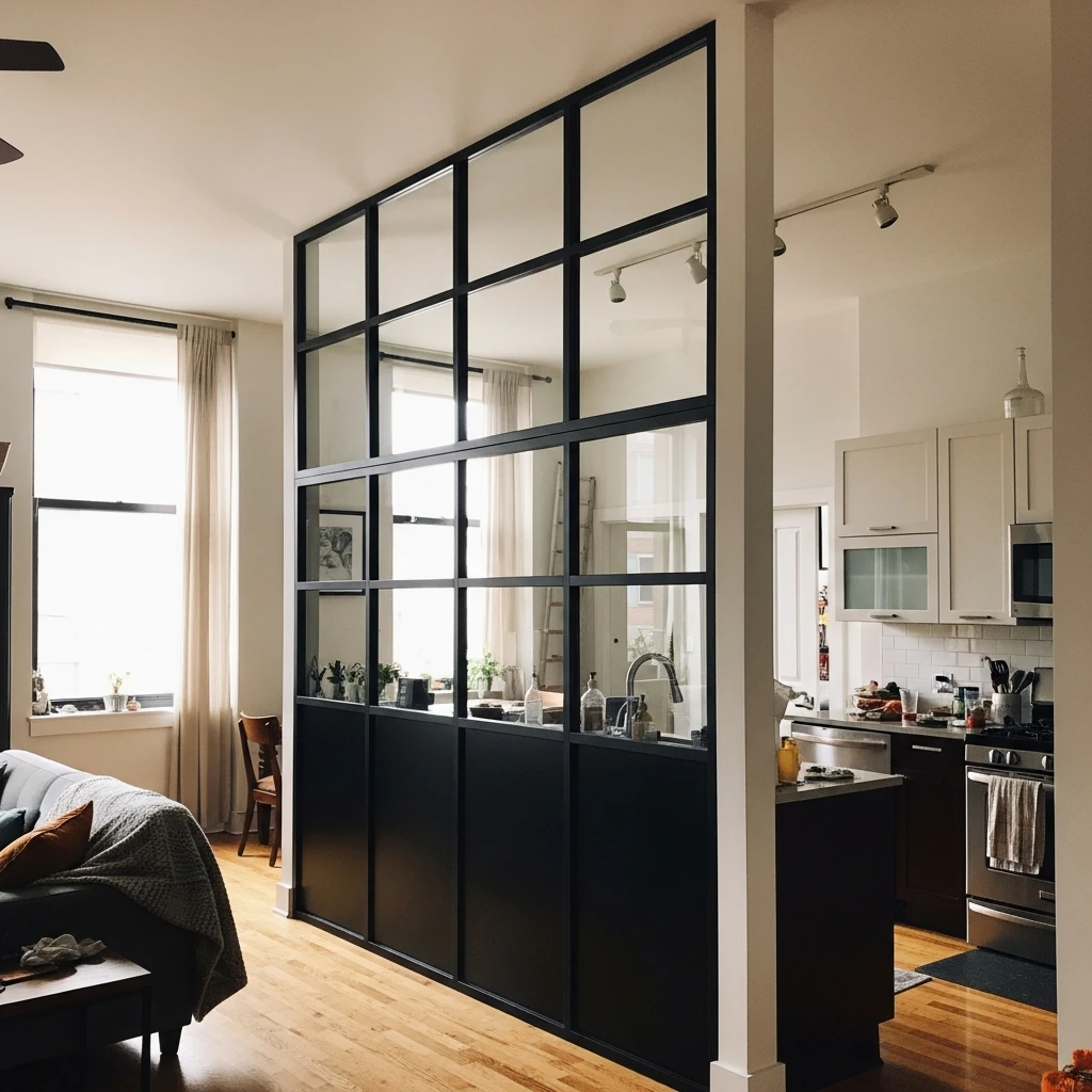 Black Grid Glass Wall - 50 Beautiful & Simple Open Kitchen Partition Ideas (No Major Reno Needed!)