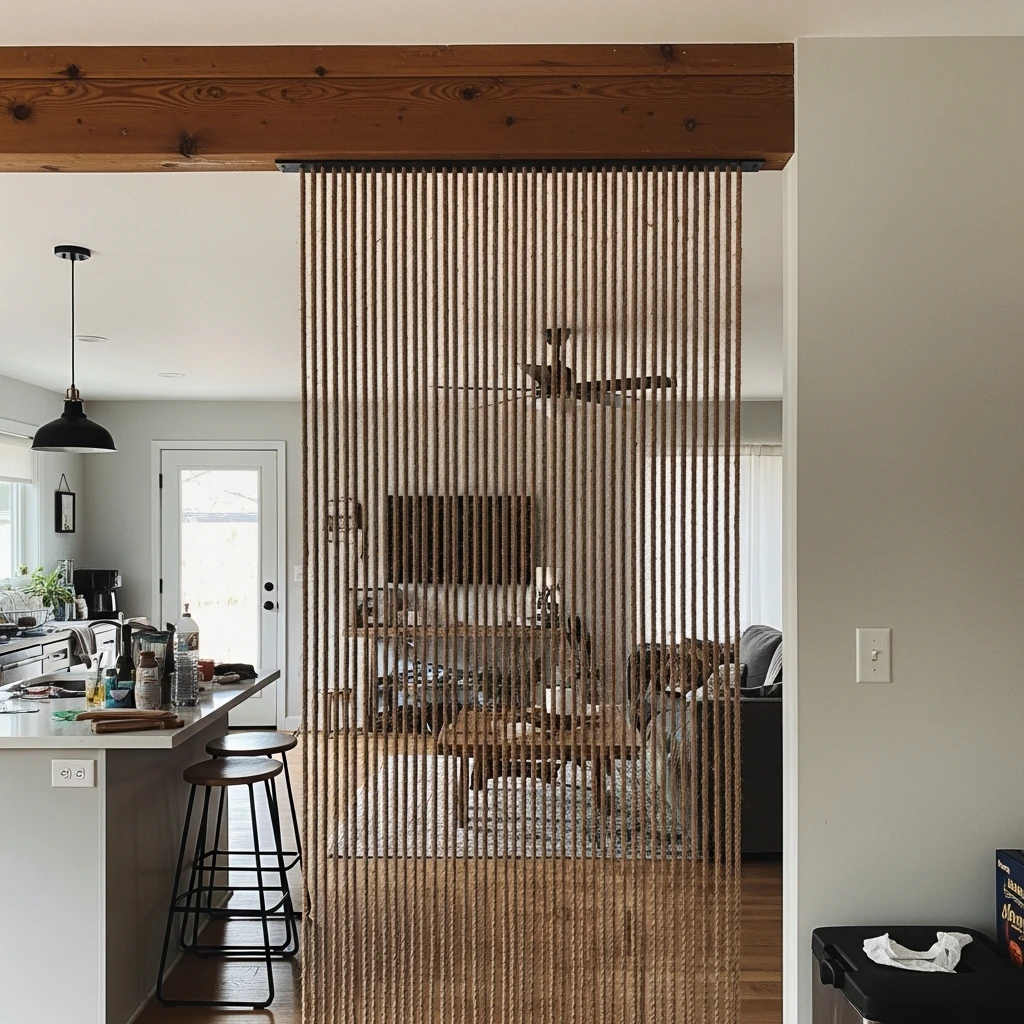 Boho-Chic Rope Screen - 50 Beautiful & Simple Open Kitchen Partition Ideas (No Major Reno Needed!)
