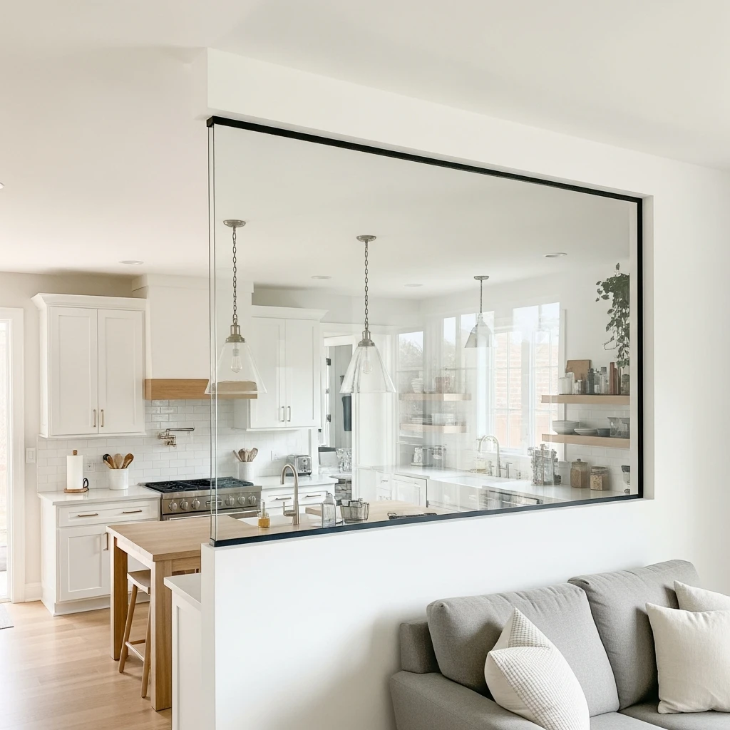 Barely-There Glass Frame - 50 Beautiful & Simple Open Kitchen Partition Ideas (No Major Reno Needed!)