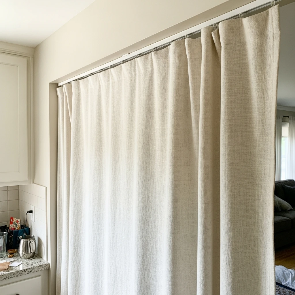 Soft, Budget-Friendly Fabric - 50 Beautiful & Simple Open Kitchen Partition Ideas (No Major Reno Needed!)