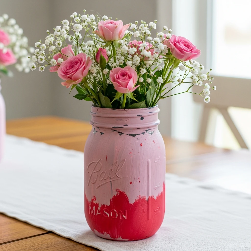 Hand-Painted Mason Jar - 50 Cozy & Simple Valentine's Centerpiece Ideas for a Beautiful Table