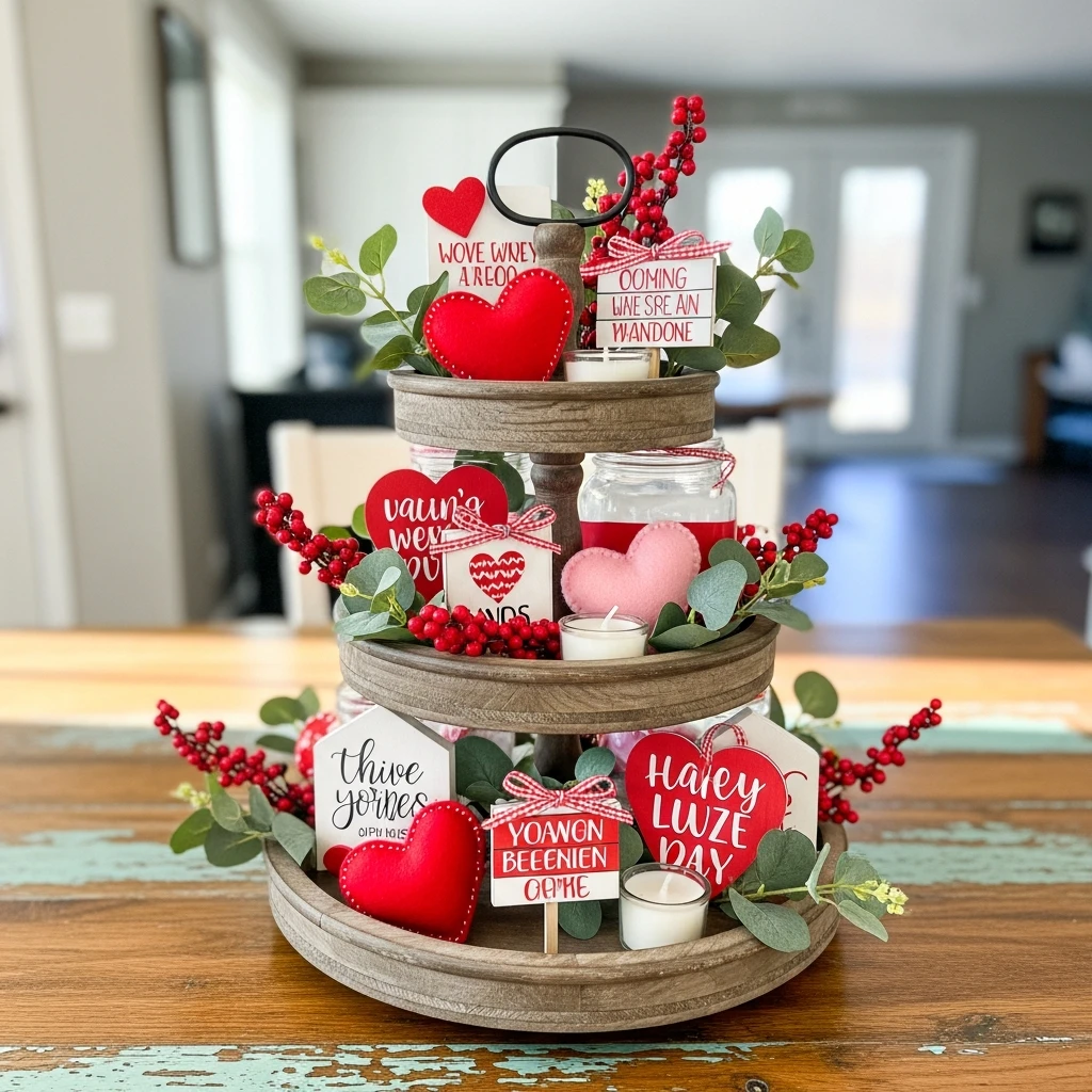 Tiered Tray Display - 50 Cozy & Simple Valentine's Centerpiece Ideas for a Beautiful Table