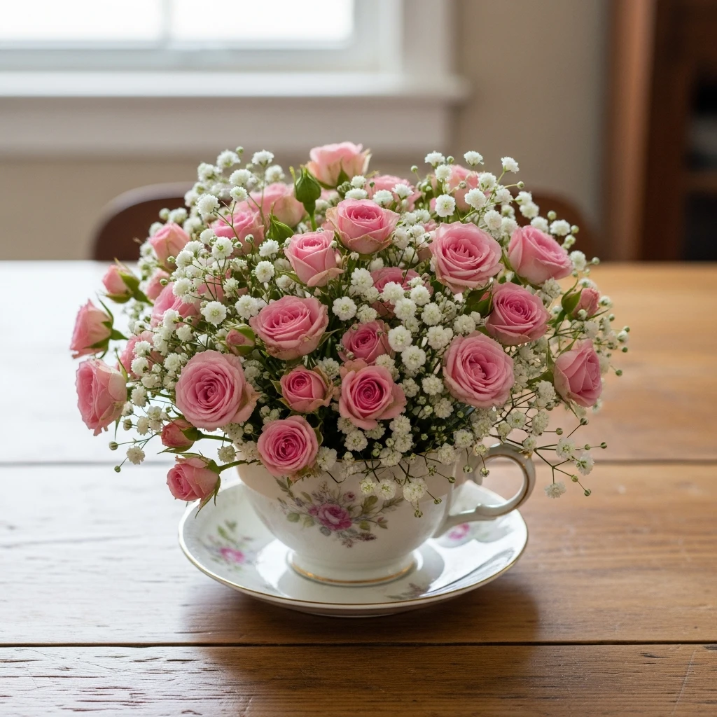 Teacup Floral Arrangement - 50 Cozy & Simple Valentine's Centerpiece Ideas for a Beautiful Table
