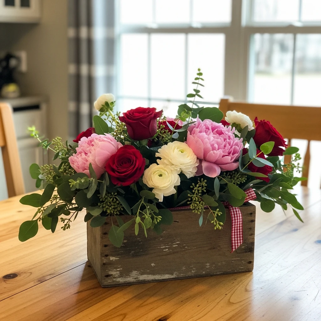 Wooden Box of Flowers - 50 Cozy & Simple Valentine's Centerpiece Ideas for a Beautiful Table
