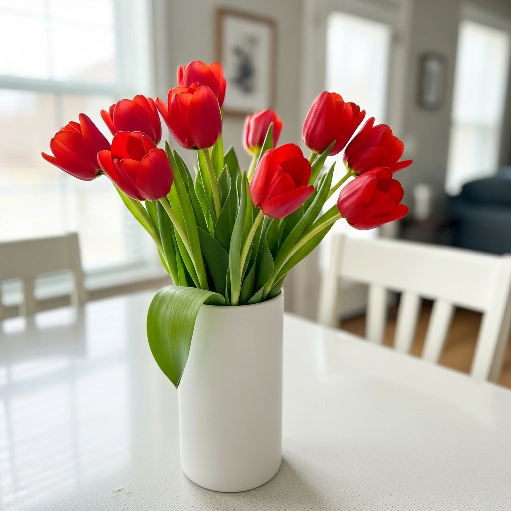 Tulips in White Vase - 50 Cozy & Simple Valentine's Centerpiece Ideas for a Beautiful Table