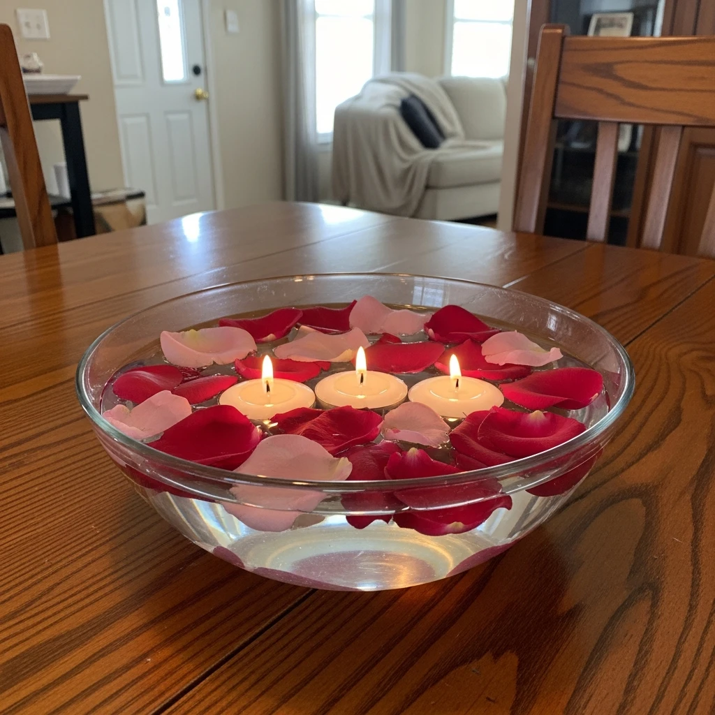 Dreamy Floating Candle Bowl - 50 Cozy & Simple Valentine's Centerpiece Ideas for a Beautiful Table