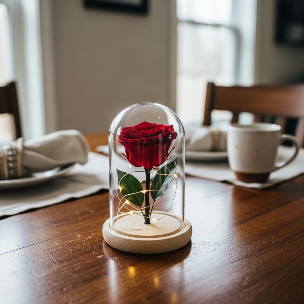 Glass Dome Rose - 50 Cozy & Simple Valentine's Centerpiece Ideas for a Beautiful Table
