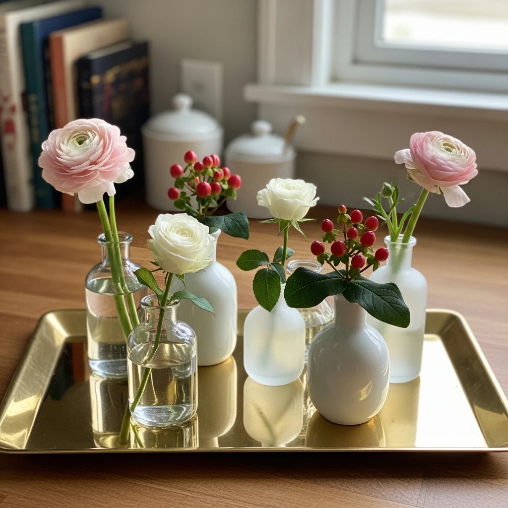 Gold Tray Bud Vases - 50 Cozy & Simple Valentine's Centerpiece Ideas for a Beautiful Table
