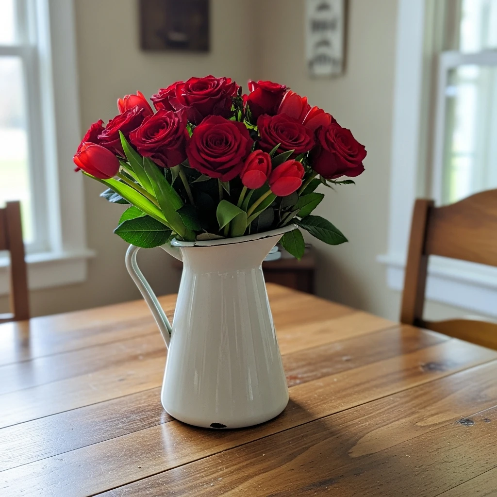 Farmhouse Pitcher Florals - 50 Cozy & Simple Valentine's Centerpiece Ideas for a Beautiful Table