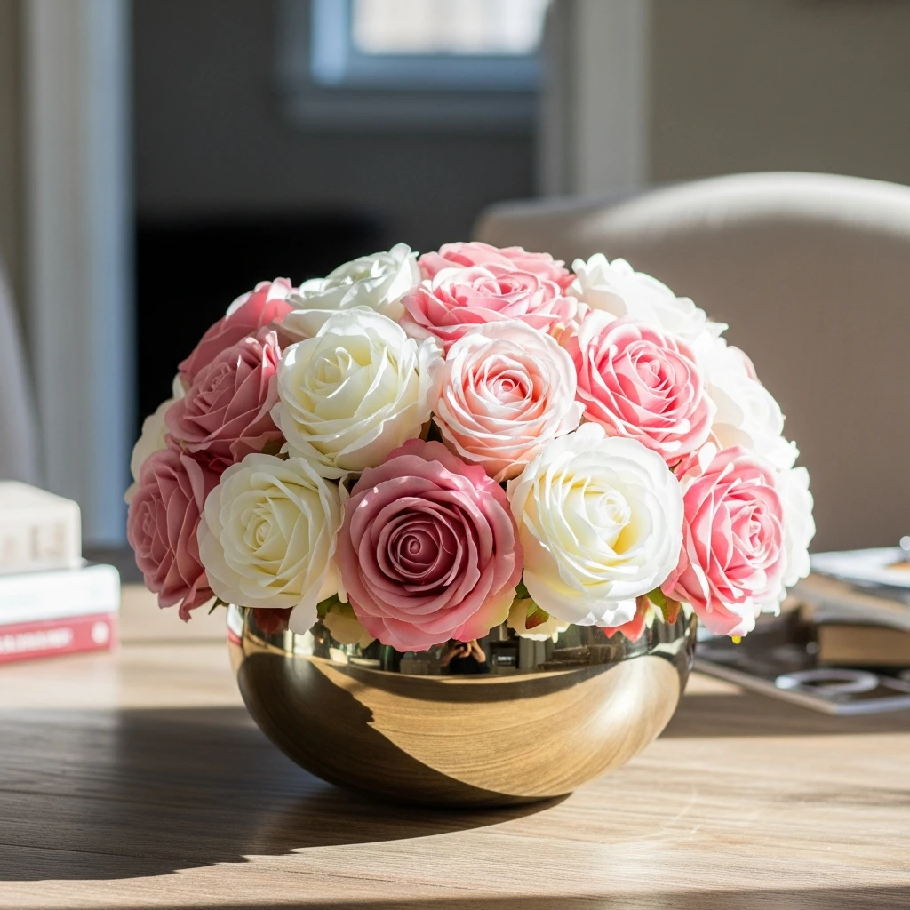 Gold Bowl of Faux Roses - 50 Cozy & Simple Valentine's Centerpiece Ideas for a Beautiful Table