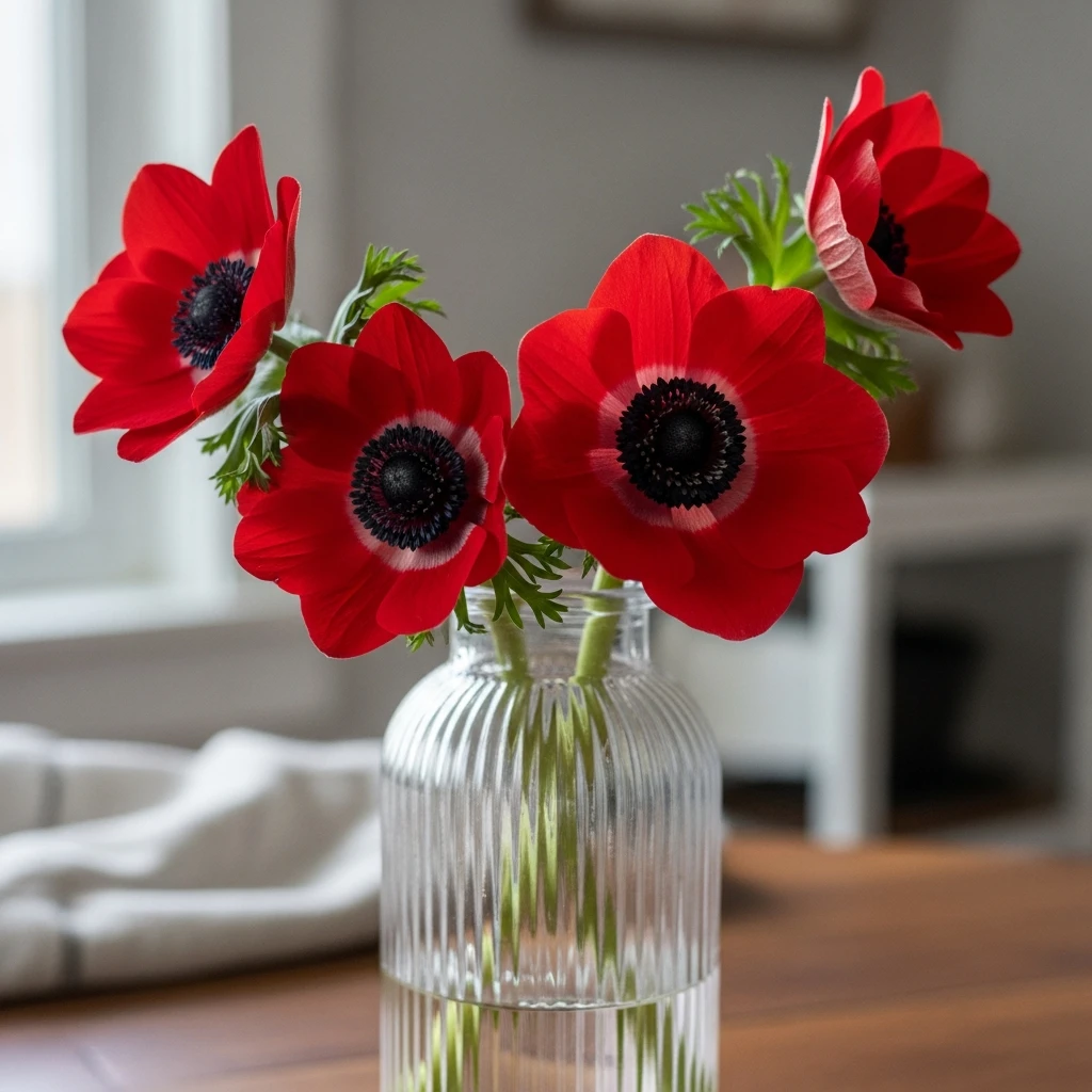 Anemones in Ribbed Vase - 50 Cozy & Simple Valentine's Centerpiece Ideas for a Beautiful Table