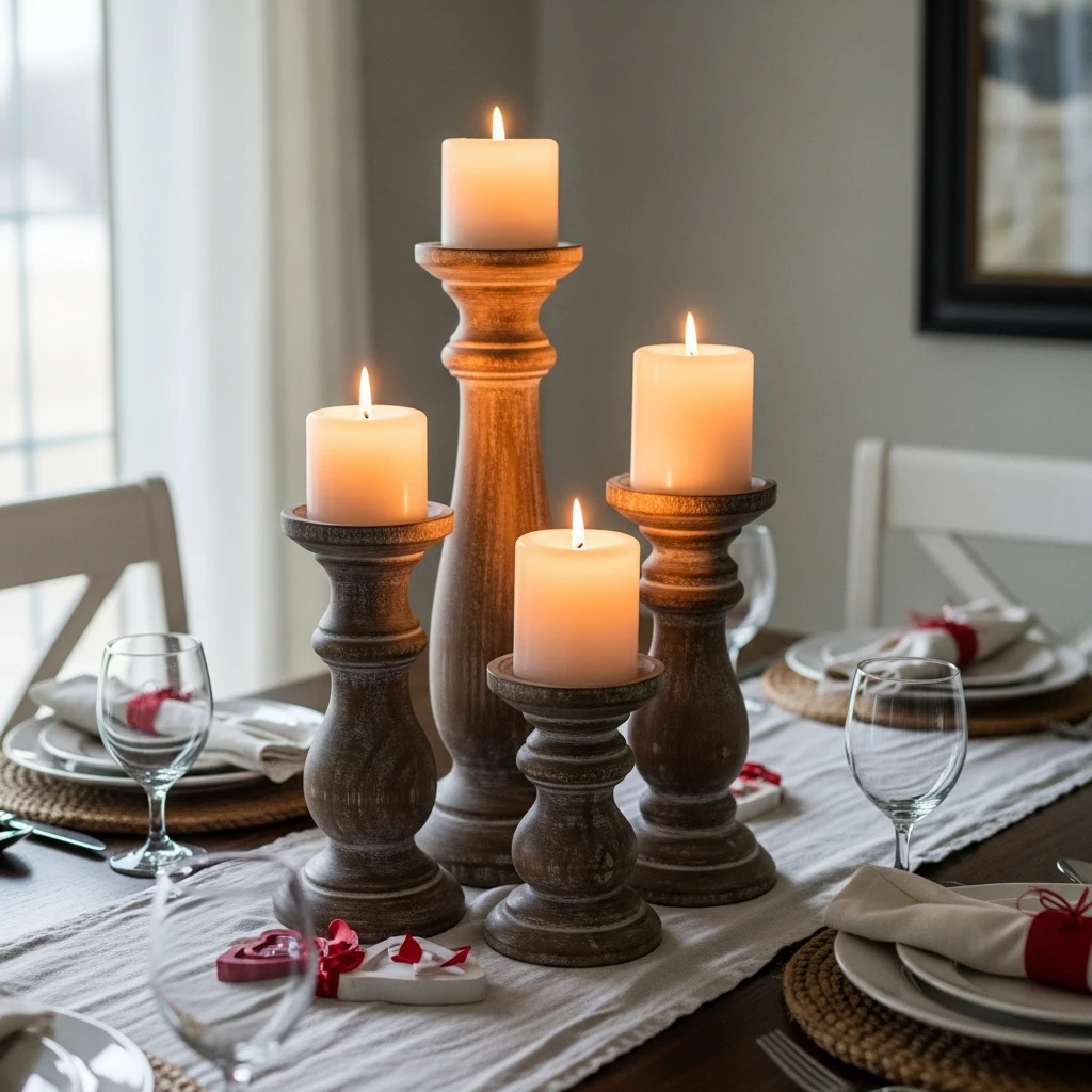 Wooden Candleholder Set - 50 Cozy & Simple Valentine's Centerpiece Ideas for a Beautiful Table