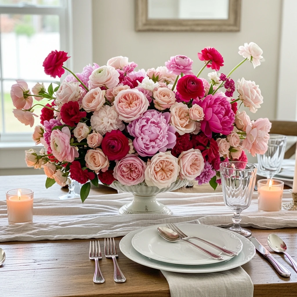 Pink Compote Arrangement - 50 Cozy & Simple Valentine's Centerpiece Ideas for a Beautiful Table