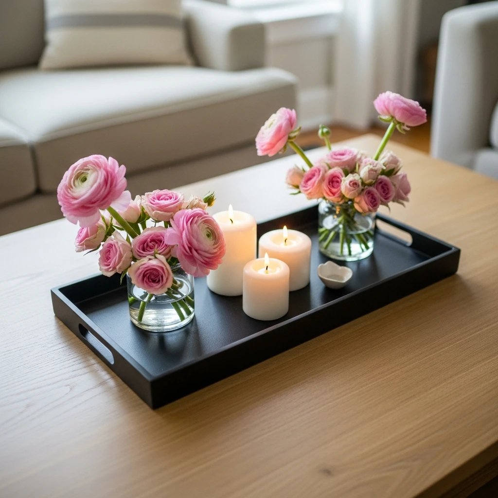 Black Tray Pink Accents - 50 Cozy & Simple Valentine's Centerpiece Ideas for a Beautiful Table