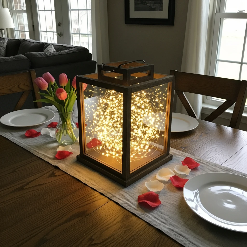 Lantern with Fairy Lights - 50 Cozy & Simple Valentine's Centerpiece Ideas for a Beautiful Table